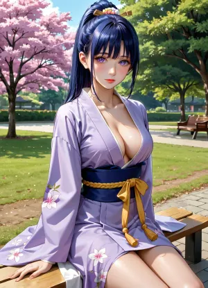 Hinata Hyuga, 20 years old, long dark blue hair tied in a ponytail, light purple eyes. sitting on a bench in the park of Konoha village in a very sexy pose. dressed in a kimono of the Hyuga clan, but fully visible breasts, bare thighs, Background, flowering trees and cozy paths of the park.