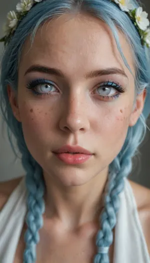 Portrait, perfect big boobs, inverted nipples, (light blue hair), (messy braids), (flower hairband), pale skin, (white eyes:1.87), blue makeup, (eye makeup:1.5), blue lipstick, wet lips, (intensively staring at the camera), pronounced cheek bones, (fake lips), (fake eyelashes), ((freckles)), (seductive smirk), ((full body view)), (view from side:.5), (view from down:1), (looking over the shoulder:1), perfect pussy, blue pubic hair, latex skirt, studio environment, (light reflecting from eyes), 4ng3l, face, ShineCurve_Apparel, <lora:Latexstraitjacket_XL_0_:.3>, <lora:EnvyZoomSliderXL01:.4>, <lora:add-detail-xl:1.2>, <lora:SDXL_BetterFaces-LoRA_v1:1.1>, <lora:ShineCurve_Apparel-000009:.9>