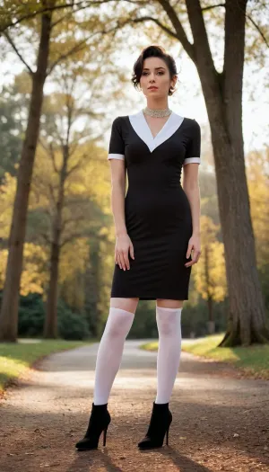 woman, black updo haircut, black deep-v pencil mini dress with a white collar, white stockings, short black heels boots, standing in sexy pose, front view, legs on the ground, view from side and below, spreading legs, lots of cum dripping from pussy, jewelry, sunny day, Golden hour sunlight filters through nearby trees, creating dramatic shadows and highlighting her fair skin, looking to viewer