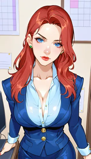 1girl, in a office, long hair, view from above, tight secretary costume, big cleavage, fake tits, (negative_v2, Color_Balance_Calibration:.8), style, knightfang, <lora:cartoon_stickers_xl_v1:.8>, <lora:EnvyStylizedXL01:1.2>, <lora:EnvyCyborgXL01:1.2>