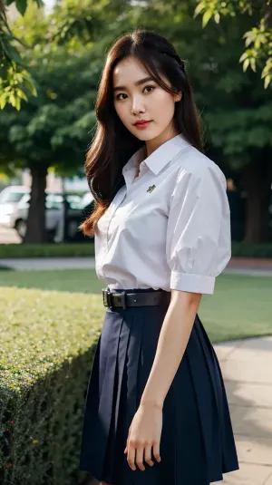 ((Jessica Jung woman)), 18 years old, (((hairstyle))), (photorealistic:1.4), Best quality, masterpiece, ultra high res, (ํ1girl), At a Thai university, photo, best quality, ultra-detailed, finely detail, highres, 8k wallpaper, photorealistic, (high detailed skin), (high detailed clothes), 8k uhd, dslr, high quality, detailed skin texture, (highly detailed hair), highly detailed body, (realistic), Navy black large pleated skirt, mathayom, uniform, white, shirt, sleeves, black, pleated, long, skirt, pillow_hug, <lora:mathayom22:.75>, <lora:pillow_hug-10:.5>