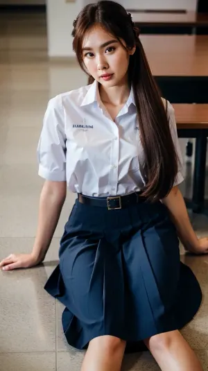 ((Jessica Jung woman)), 18 years old, (((hairstyle))), (photorealistic:1.4), Best quality, masterpiece, ultra high res, (ํ1girl), At a Thai university, photo, best quality, ultra-detailed, finely detail, highres, 8k wallpaper, photorealistic, (high detailed skin), (high detailed clothes), 8k uhd, dslr, high quality, detailed skin texture, (highly detailed hair), highly detailed body, (realistic), Navy black large pleated skirt, (Lying unconscious on the classroom floor), mathayom, uniform, white, shirt, sleeves, black, pleated, long, skirt, pillow_hug, <lora:mathayom22:.75>, <lora:pillow_hug-10:.8>