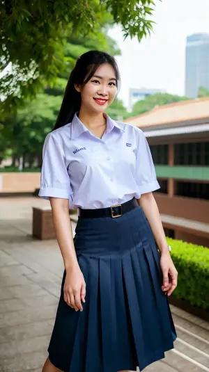 (thai woman), (photorealistic:1.4), Best quality, masterpiece, ultra high res, (ํ1girl), At a Thai university, photo, best quality, ultra-detailed, finely detail, highres, 8k wallpaper, photorealistic, (high detailed skin), (high detailed clothes), 8k uhd, dslr, high quality, detailed skin texture, (highly detailed hair), highly detailed body, (realistic), soft light, 1girl, mathayom, uniform, white, shirt, sleeves, ((black, pleated, long, skirt)), <lora:mathayom22:.95>