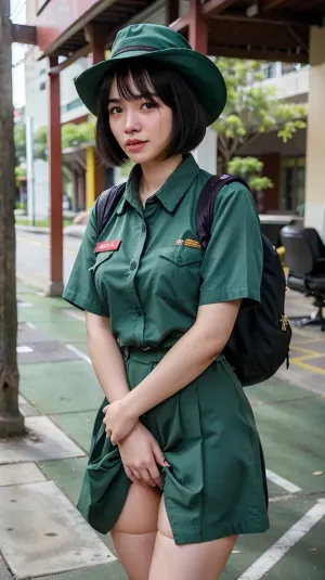 ((Minhee new entry woman)), 18 years old, (((bob hairstyle))), (photorealistic:1.4), Best quality, masterpiece, ultra high res, (ํ1girl), At a Thai university, photo, best quality, ultra-detailed, finely detail, highres, 8k wallpaper, photorealistic, (high detailed skin), (high detailed clothes), 8k uhd, dslr, high quality, detailed skin texture, (highly detailed hair), highly detailed body, (realistic), thai_girlscout_uniform, green, girl, scout, hat, (1girl), (vaginal), (gangbang), ((Make a crying face)), skirtlift, <lora:THgirlscout_v1:.5>, <lora:skirtlift-v1:.5>