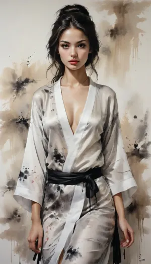 Sumi-e painting ornament room, painting with sumi-e style, dark tanned skin, rays of light, daylight, long smooth black hair, very big botox lips, detailed realistic eyes, detailed realistic lips, detailed gorgeous face, skinny, round tits, perfect eyes, low face e beauty, (((stature))), Sumi-e style painting of slender Russian girl, 21 years old, full wearing transparent white silk kimono with sumi-e ornament, knee-high photo, perfect Sumi-e style painting, sumi-e, <lora:[XL]Sumi-e:.5>, <lora:InkWashpainting:.4>