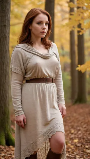 A young woman, light-skinned with auburn hair cascading softly beneath a draped hood, stands in a serene forest. She wears a beige, long-sleeved, hooded tunic-style see through lace dress made of soft lace, with an asymmetrical, flowing skirt that gently catches the breeze. A dark brown leather belt cinches her waist, accentuating her silhouette, while dark brown leather boots ground her stance. Her expression is thoughtful and composed, with subtle hints of introspection, her eyes gazing softly into the distance. She stands with one foot slightly forward, her posture relaxed yet poised, hands resting gently at her sides. The forest around her is alive with autumn hues—golden and amber leaves carpet the ground, mingling with scattered branches. Tall, light brown trees rise majestically behind her, their bark textured and weathered. The lighting is soft and diffused, casting a warm, ethereal glow that enhances the serene, contemplative mood. The atmosphere is tranquil, with a touch of mystery, as if the forest holds secrets. Full body shot, medium close-up, slightly low angle, realistic depiction. Detailed fabric folds, natural lighting, soft focus, autumn colors, and textures., braless, Wearing, clothes, that, make, sense, with, Braless>, veinyonez, chubbyonez, matureonez, <lora:bralessSDXL_v1_00022:.7>, <lora:realboobzXL:1.2>