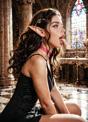 side view, on her knees, gorgeous elf, sharp elf ears, huge augmented lips, sloppy tongue out, eyes rolled, sexy black dress, pink choker with big letters "mommy" on it, castle interior