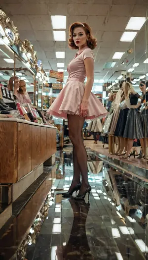 1 girl, Jane Jetson, in a 50s dress, in stockings, in a store, spread legs, standing, standing on a mirror floor, mirror floor, reflection, reflected, under a skirt, stockings, Panties, 8k, excellent lighting, daylight, ultra detailed, real photo