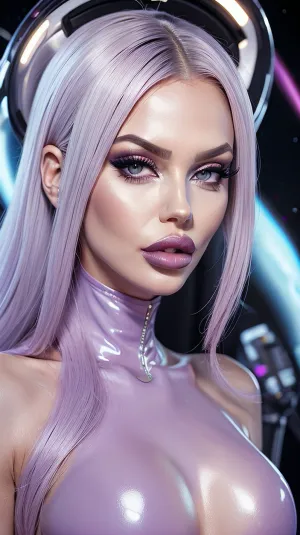 Androgyn look girl, bimbo makeup, long neck, slender body, big lips, space princess, fakelips, huge, lips, lip, filler, <lora:fakelips:.5>