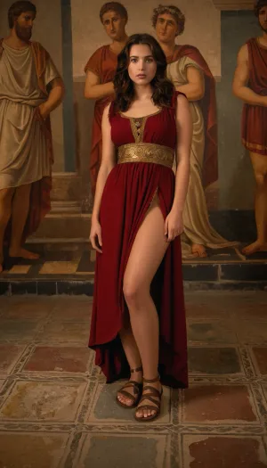 Ultra-realistic photo, high resolution, photorealistic image, 21-year-old brunette girl in beautiful ancient Roman dresses, wearing Roman sandals, stand on mosaic floor and pose in front of frescoes on the wall of the palace of emperor Nero Domus Aurea in Rome, in the center Emperor Nero holds one of them by the ass, innocent