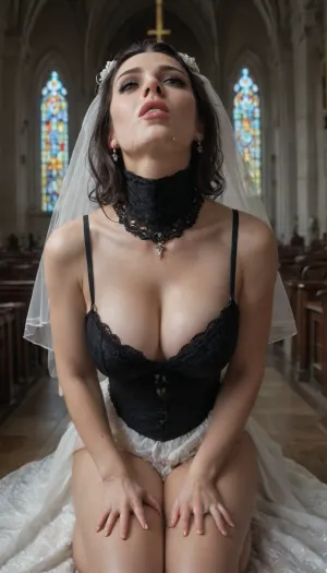 30 year old woman being throat fucked while wearing a wedding dress in a church, ((gothic church)), (beautiful elegant satin amd lace wedding dress. Cleavage), viewer looking down on woman, (sword_swallowing_position), photography, canon 5D, perfect anatomy, masterpiece, highres, high resolution, incredible detail, ((throat bulge)), ((cum on face)), ((cum in cleavage)), ((cum on torso)), ((cum between thighs)), deepthroat, kneeling, (bedroom background:1.2), (thick thighs:1.2), (huge testicles)