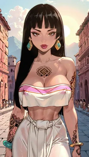 (Chel from Road To El Dorado), emo, giant breasts, covered erect nipples, (filled with tattoos), standing, posing againts the sun, ratatatat74, <lora:cartoon_stickers_xl_v1:.8>, <lora:ratatatat74-000050:1.3>