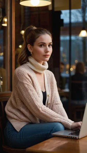 A 27yo young lady sitting in a cafe by a high table facing out towards viewer, it’s evening and cafe is dimly lit, winter and cold, winter light, narrow view field, voyeuristic, serene beauty, wearing a warm turtleneck cardigan over a stylish top, wearing jeans, feet resting on the low bar on the stool, stylish pumps, she is focused and working on her laptop, eyes briefly looking up and catching the viewer, indifferent expression, suppressing a slight smile, hint of a blush, flushed cheeks, enchanting samic radiant eyes, hair in a loose ponytail, pale skin, big nose, high cheekbones, subtle lipstick, dimples, really beautiful face, subtle jewelry, modest makeup, photo taken through the window from outside, reflections in the glass, photo shot from a distance, watrops, blurry, XX, behind, a, window, pane, frame, <lora:watrops_lora_sdxl:.5>