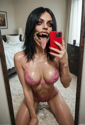 score_9, score_8_up, score_7_up, score_6_up, (mileena from mortal kombat), sexy pink lingerie, holding up her phone taking a mirror selfie, modeling, seductive pose, hotel room, mouth wide open exposing her wet throat, can see deep into her throat, long tongue sticking out of her mouth, long thick wet round tongue, drooling an excessive amount of cum, ahegao, horny thirst, full body, kneeling in front of a mirror, holding a black dildo in her right hand