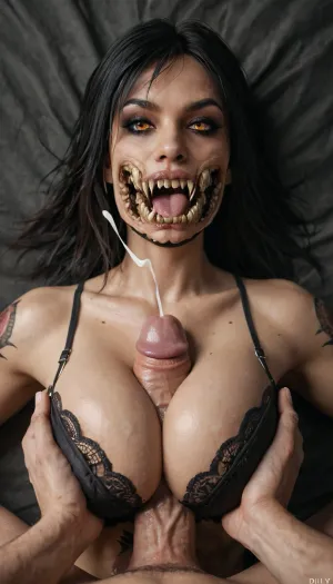 score_9, score_8_up, score_7_up, score_6_up, gothic, (Mileena from mortal kombat), ultra detailed, high resolution, fake breasts, pencil waist, titsjob, sexy body, hude breast, hude dick, tattoos on collarbone, tattoos on arms, tattoos on forearms, tattoos on body, black bra, seductive face, dark living room, no lights, dimly lit, open eyes, big penis, titfuck under bra, woman's arms behind her head, POV, on bed, (lying down), strongest cumshot