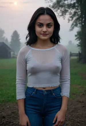dark night, total darkness, russian village, view through the gap, no street lighting, wetly, thick heavy fog, Camila Mendes, smile, blouse, braless, Wearing, clothes, that, make, sense, with, Braless>, <lora:bralessSDXL_v1_00022:.8>