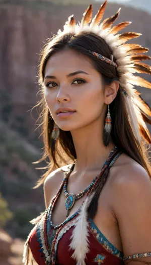 score_9, score_8_up, score_7_up, Raw Photo, Cowboy Shot, girl, native american, cute, seductive, innocent, (light smile:.3), plump lips, slender body, 20yo, adorned with traditional regalia and feathers, standing, Canyon background, dynamic angle detailed Native American tribal dress, depth of field, dynamic angle, (photo realistic:1.4), (realistic skin:1.4), fashion photography, sharp, analog film grain, (hyperdetailed:1.15)