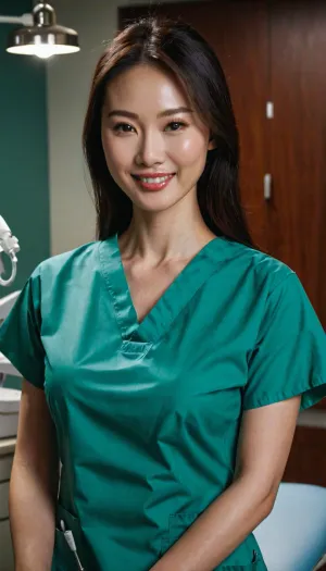 ((Chinese woman)), perfect lighting, ultra realistic, 8k resolution, ultra detailed, instagram model, professional photography, dentist exam room, dark brunette hair color, straight hair, cleavage, ((dentist scrubs)), pale skin, small thin breasts, shy smile, asian, playful, thin body, lifelike face, real face, real pussy