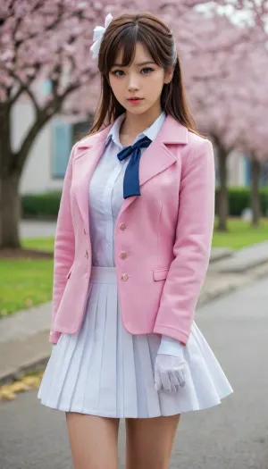 score_9, score_8_up, score_7_up, source_anime, detailed eyes, eye reflection, japanese girl, black eyes, brown hair, black hair, medium hair, hime cut, large breasts, lips, earrings, coat, pink coat, neck ribbon, white ribbon, shirt, white shirt, skirt, blue skirt, pleated skirt, high heels, white footwear, outdoors, 1girl, blush, dutch angle