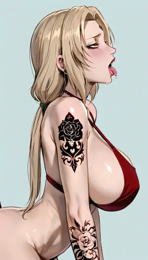 Tsunade, emo, giant breasts, (filled with tattoos), side view, having sex, bending over, extreme ahegao expression, ratatatat74, <lora:cartoon_stickers_xl_v1:.8>, <lora:ratatatat74-000050:1.3>