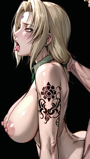 Tsunade, emo, giant breasts, (filled with tattoos), side view, having sex, bending over, extreme ahegao expression, dark background, dark lighting, ratatatat74, <lora:cartoon_stickers_xl_v1:.8>, <lora:ratatatat74-000050:1.3>