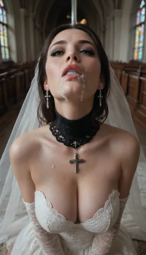 30 year old woman being throat fucked while wearing a wedding dress in a church, ((gothic church)), (beautiful elegant satin amd lace wedding dress. Cleavage), viewer looking down on woman, (sword_swallowing_position), photography, canon 5D, perfect anatomy, masterpiece, highres, high resolution, incredible detail, ((throat bulge)), ((cum on face)), ((cum in cleavage)), ((cum on torso)), ((cum between thighs)), deepthroat, kneeling, (bedroom background:1.2), (thick thighs:1.2), (huge testicles)