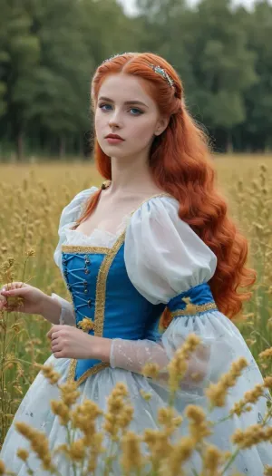 masterpiece, best quality, outdoors, grass, field, 1girl, solo, looking at viewer, long hair, ponytail, blue eyes, orange hair, very long hair, brown hair, magical girl, (style Michael Cheval:1.5), dolla, dollp, <lora:tbh129-sdxl:1.7>, <lora:dolly-merge-xl_v1:1.3>