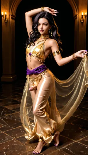 feminine femboy with long black hair, arabic, tanlines, belly dancer outfit, flowing silk sash, sils scarf on neck, golden hoop earrings, golden hoop bracelets, henna tattoos, dancing, barefoot, purple nail polish, golden eyes, small cock, small balls, transparent silk clothing, golden buttplug, loose turquiose silk pants, sheer clothes, flowing outfit, flowing hair, harem background, motion lines around hips, nose piercing