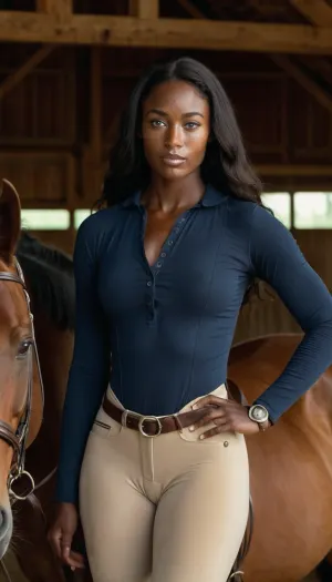 An dark black skinned ebony woman Equestrian with blue eyes and freckles wearing riding breeches, flashing her huge saggy tits, at the barn with well defined tanlines and long hair