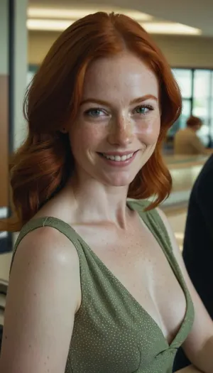a 40yo redhead with pale skin and small freckles, viewer is looking at her behind the reception counter, she smiles, dimples, pulls down her blouse revealing her small light freckles titties, she looks lovingly at you and smiles, winking one eye