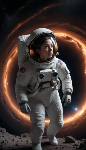 Ultra high definition, ultra high resolution, photorealistic, 8k resolution, Full body photograph of busty 30 year old astronaut exploring a black hole from another planet., space_space, <lora:EnvySwirlingSkiesXL01:1.5>, <lora:Space_clothes-xl-8:1.5>