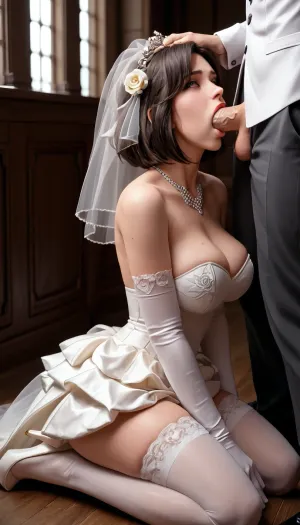 sexy bride, wedding outfit, stockings, busty, on knees, suck dig of husband, wedding ceremony, deepthroat, blowjob