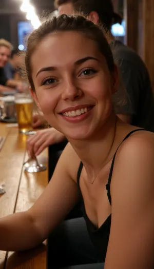 in a beer bar, long wooden tables, with friends, everybody is having a good time, suddenly you realize one of the girls at the far end on the other side of the long wooden tables is looking straight at you, there are numerous hipster style people between you on both sides of the table, no one else is paying attention, she is staring directly into your eyes. There can be no doubt she is telling you with her eyes that she thinks you are really attractive, it’s night and dark and the place is dimly lit by some pendels in the ceiling, people enjoying their beer along both sides of the bench, she has down-turned eyes, chestnut hair brushed back so the forehead is bare, hair pinned behind her head tightly, she is resting both her arms on the table, the table is littered with empty and half full glasses of beer pints and a few ashtrays, mesmerizing blue eyes, a really big and wide mouth with a big smile reveling her teeth so that her gums are exposed in upper mouth, she is around 30 years old, Scandinavian brunette, looking at you like she wants you and is in love with you, picture from a distance, cute bags under her eyes, charming wrinkles around eyes, dark-green eyes, big unmistakable smile, did I mention her mouth is really wide? And the gums in the upper mouth exposed, (intense flirty and horny stare), (she is far away in the long end of the table and many friends between you), really big grin with clenched teeth, ((woman is far too away and many people between you and her)), (((exposed gums))), girl, smile, realistic, photography, <lora:girl_smile_flux_lora:.6>