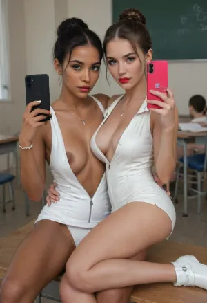 two girls, gangbang, 1girl, sexy slender Czech 30yo woman teacher is lying back on the desk, white leather unzipped very deep-v mini dress, tits hanging out, revealing breasts, black hair in a bun, red lipstick, wide square face, strict, in a empty classroom, tan and oileed skin.
second girl is fucked too, breasts, dark_skin, jewelry, dark-skinned_female, phone, bracelet, long_hair, necklace, cellphone, black_hair, sitting on the desk, legs sexy crossed, looking_at_viewer, selfie, white leather unzipped very deep-v full body tight suit black short boots, holding, realistic, day