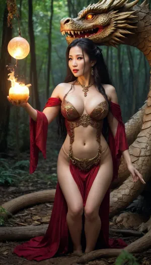 Beautiful Chinese witch, 45 years old, very long waved hair, big saggy tits, in a luxury traditional dress, with bare shoulders and a very deep neckline, the witch's breasts are bare, (milk is dripping from her nipples), she is kneeling in front dragon and holding out a bowl of milk to him with both hands, bamboo forest, night, full moon, brightly burning torches illuminate the witch, fantasy art, dragon, classic, exotic, magma, bone, undead, thunder, forest, golden, <lora:Classic Western Dragons XL:.5>