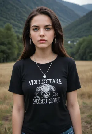 I am a young woman with long, dark black hair that falls to my shoulders. My eyes are a warm brown, and my skin is fair. I am wearing a black t-shirt with a white design on it. I am looking directly at the camera with a serious expression on my face. I am standing in front of a background of dark mountains. My hair is slightly tousled as though I have been running my fingers through it. I am wearing a simple silver chain necklace. My lips are a natural, pale pink. I am wearing no makeup and have a youthful, natural appearance., braless, Wearing, clothes, that, make, sense, with, Braless>, <lora:bralessSDXL_v1_00022:.5>