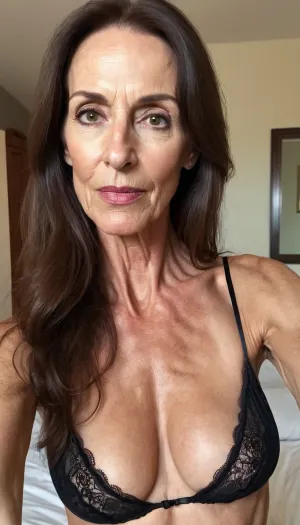 old mature, 60 years old, brunette, skinny, very tall, very super extreme long face, long huge nose, narrow long face, big long chin, sexy big mouth serious horny face, looking at the camera, sexy nightie, selfie