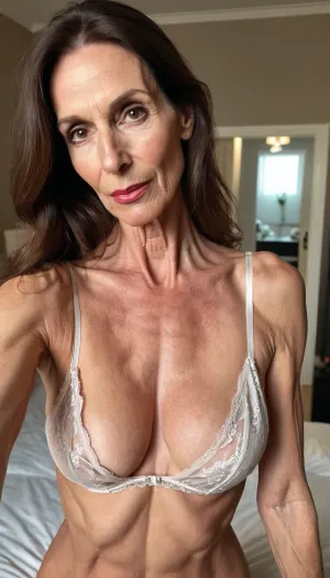old mature, 60 years old, brunette, skinny, very tall, very super extreme long face, long huge nose, narrow long face, big long chin, sexy big mouth serious horny face, looking at the camera, sexy nightie, selfie