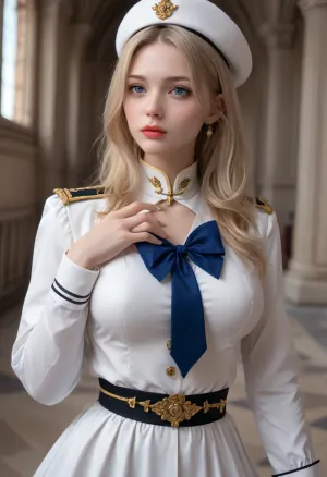 Sexy beautiful girl 18 years old, blonde hair, blue eyes, (big firm breasts:1.4), big lips, realistic facial features, Posing for the viewer, Naval Admiral's Uniform, (19th century:1.5), Russian Empire, St. Petersburg