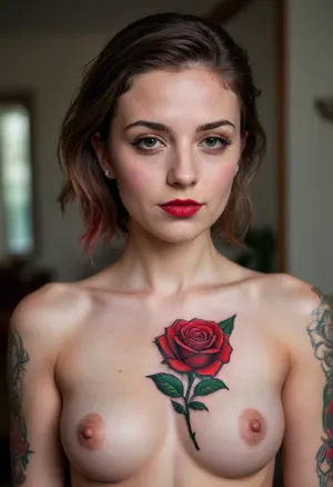 woman with a, (tattoo of a single long stem red rose), between her breasts, (realistic rose tattoo), (long stemmed rose tattoo), (tattoo centered between breasts), (single red rose tattoo)