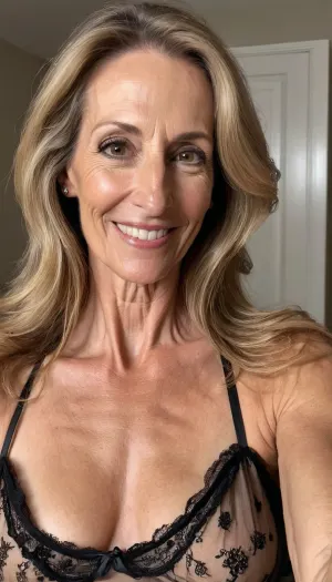 old mature, 50 years old, dark blonde, skinny, very tall, very super extreme long face, long huge nose, narrow long face, narrow face, very huge nose, huge long face, naught horny smile face, looking at the camera, sexy nightie, selfie, black eyes, long nose, extreme long huge nose, side face view
