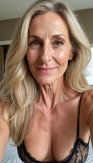 old mature, 50 years old, blonde, long hair, skinny, very tall, very super extreme long face, long huge nose, narrow long face, naught horny smile face, looking at the camera, sexy nightie, selfie, black eyes, extreme long huge nose, extreme long huge chin