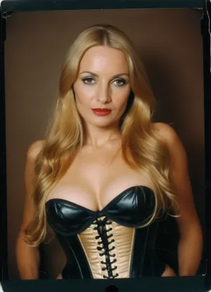 (C-Users-Jenny-scans-1970-Polaroid-Photo_0001.jpeg:1.8), (scanned photo, scan artifacts, unaligned scan, damaged photograph, folded photograph, creased photograph:1.4), (34 years old, dominatrix, BDSM, corset, long golden blonde hair, permed hair:1.5), ZipRealism