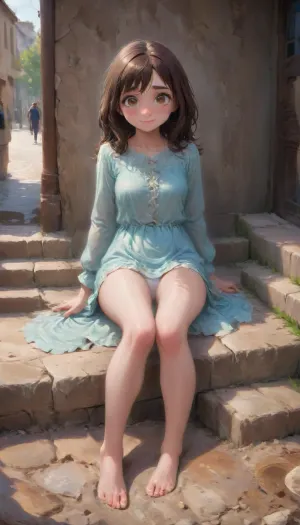 A highly detailed full body oil painting, in style of by John Berkey, a woman that is sitting on some stairs, cute schoolgirl, white panties!!!, brunette, private school, captain, outdoor, very detailed!, off camera flash, his legs spread apart, ((submissive)), ((lovely)), (((wild wet hair with sidelocks))), (((full body view))), (((high detailed legs))), (((high detailed fingers))), ((very much want have sex)), (love juice:1.4), ((high detailed pores on skin)), well-build body, medium tits, small lips, lots of freckles face and skin, blush on the checks and nose, (raised nasal tip, upturned button nose, upturned nose, delicate nose, nose), hypnotized loving yellow brown eyes, very sexy horny smile, outdoor picture, an oil on canvas painting, contest winner, figurative art, young woman with long dark, an airbrush abstract figurative art, <lora:xl_more_art-full_v1:.5>, <lora:oil painting:.5>
