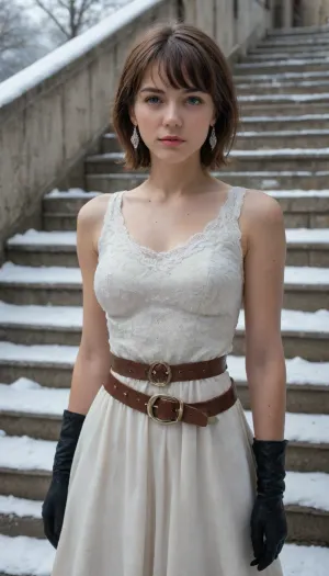 masterpiece, best quality, absurdres, ultra-detailed, high resolution, luna_snow, 1girl, solo, dress, stairs, looking at viewer, jewelry, earrings, belt, gloves, bangs