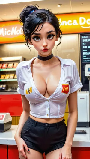 sexy, cute tall, goth girl, heavy black eyeliner, dark eyeshadow, black lipstick, short black hair, (pulls shirt down to flash one breast:1.4), one bare breast, hand on shirt, hand pulling down shirt, full body in frame, working at McDonalds, unbuttoned white and orange shirt, (white and orange McDonalds uniform:1.2), unbuttoned shirt, cleavage, behind register at McDonalds, working behind counter, pierced nose, perfect body, full length shot, Goth, dark eye shadow, samdoesart, <lora:Goth_v3.5:.7>, <lora:samdoesart_style_xl_v1:.5>, <lora:Animated_Concept:.5>