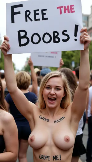 petite brunette woman, angry, topless, huge breasts, text painted on her with black marker, "GROPE ME!" on her breasts, holding up a sign that reads "FREE THE BOOBS!", feminist protest march, iphone, photo, <lora:iphone-photo-V1-final:.5>