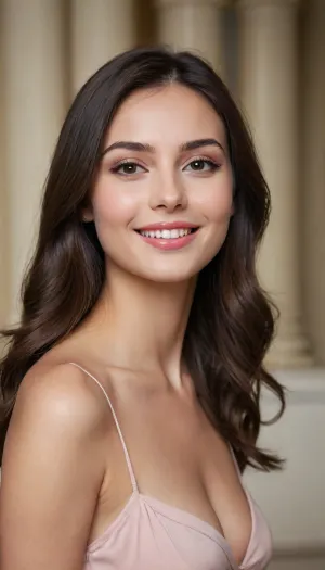 (8k, best quality, photorealistic:1.2), 20m away, timeless beauty, elegant young woman, graceful posing, soft lighting, radiant complexion, symmetrical face, long straight dark hair, (narrow innocent poised almond-shaped smiling eyes, clear captivating eyes with a slight curve at corner of eye), soft sculpted jawline with soft contours, youthful yet elegant appearance, subtle blush on high cheekbones, natural, healthy look, soft gaze, (naturally full, softly lips, with thin cupid's bow, rounded under lip, angelic smile), angled cheeks with subtle dimple, perfect teeth, black silky long hair, slender body, athletic, medium breasts, silky skin, thin waist, long legs