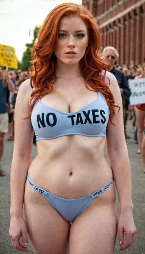 Ultra high definition, ultra high resolution, photorealistic, 8k resolution, Full body photograph of scantily clad, busty 21 year old redhead college student protesting, sign art says "no taxes."