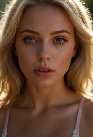 An erotic and high sexual portrait of a desperately horny woman. The scene bathed in warm, direct sunlight that accentuates her delicate features. Her blonde hair shines like a soft, golden glow around her, framing her gorgeous face. The focus is on her big, innocent eyes, framed by subtle, shimmery makeup and delicate, natural eyeliner, and her pouting full pink lips, slightly parted in a soft gasp of desire. Her face and chest are flushed pink with desire, her skin oily and sweaty from exertion. The overall mood is one of desperate sexual desire., 8k, intricate details, hyperrealistic, professional photography, Masterpiece, award-winning photography, RAW photography, (direct sunlight:1.4), soft focus on eyes, ZipRealism, sunnyrayyxo, <lora:sunnyrayyxo_v1_SDXLBase:.8>, raw lighting, <lora:Rawfully Stylish v0.2_epoch_20:.8>